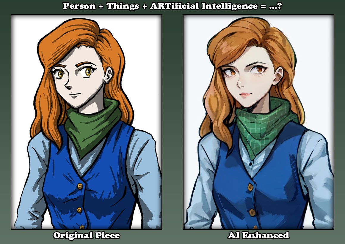 portrait of Dungeons and Dragons gunslinger player character, Morrigan, comparing traditional artwork to AI-assisted results