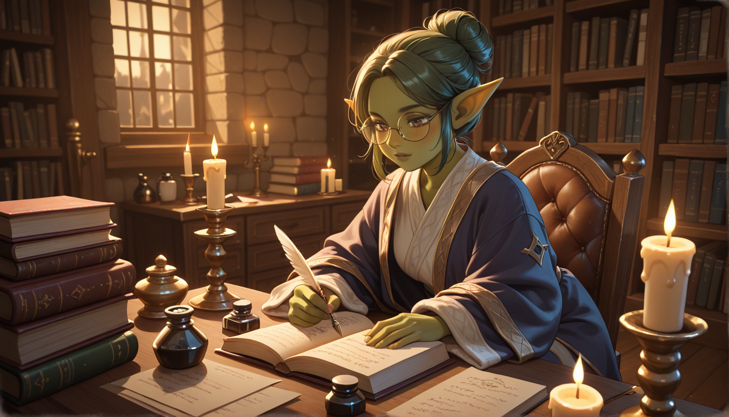 goblin woman wearing glasses sitting at desk in study with pen/inkwell and open book, surrounded by books, paper, and candles